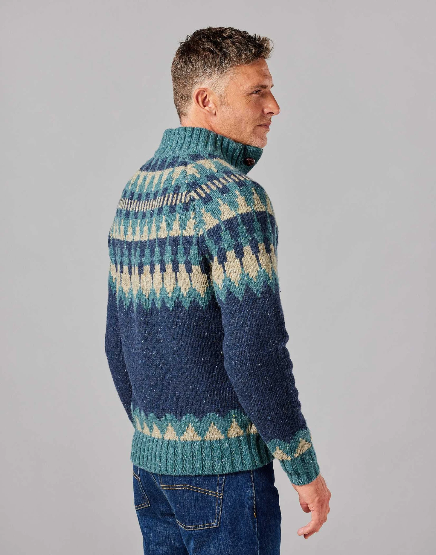 Fair Isle Button Neck Jumper - Navy/Teal 5 Fair Isle Button Neck Jumper - Navy/Teal - Image 3