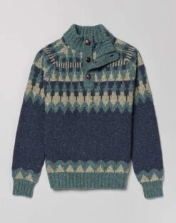 Fair Isle Button Neck Jumper - Navy/Teal 11 Fair Isle Button Neck Jumper - Navy/Teal -Joseph Turner Shop Mens Navy Teal Fair Isle Button Neck Jumper MKNFIBNVT 3