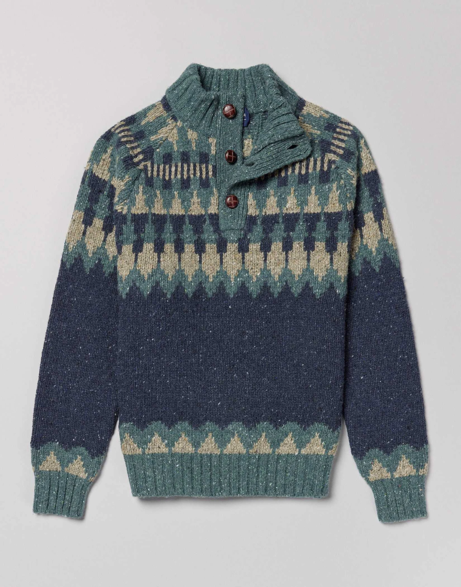 Fair Isle Button Neck Jumper - Navy/Teal 6 Fair Isle Button Neck Jumper - Navy/Teal - Image 4