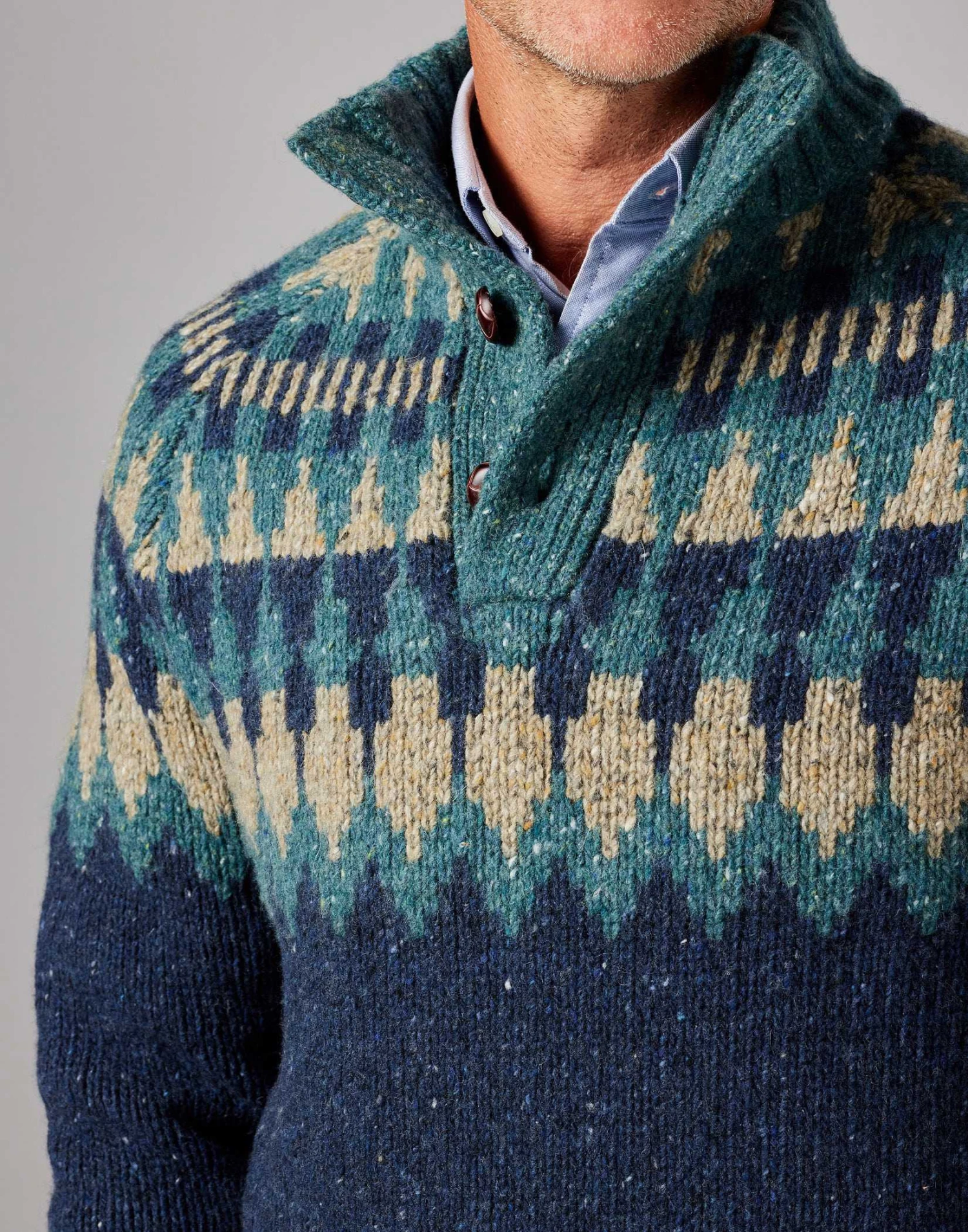 Fair Isle Button Neck Jumper - Navy/Teal 7 Fair Isle Button Neck Jumper - Navy/Teal - Image 5