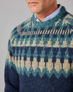 Fair Isle Crew Neck Jumper - Navy/Teal -Joseph Turner Shop Mens Navy Teal Fair Isle Crew Neck Jumper MKNFICNVT 4