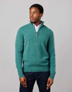 Lambswool Half Zip Jumper - Pine -Joseph Turner Shop Mens Pine Lambswool Half Zip Jumper MKLWHZDAR 1