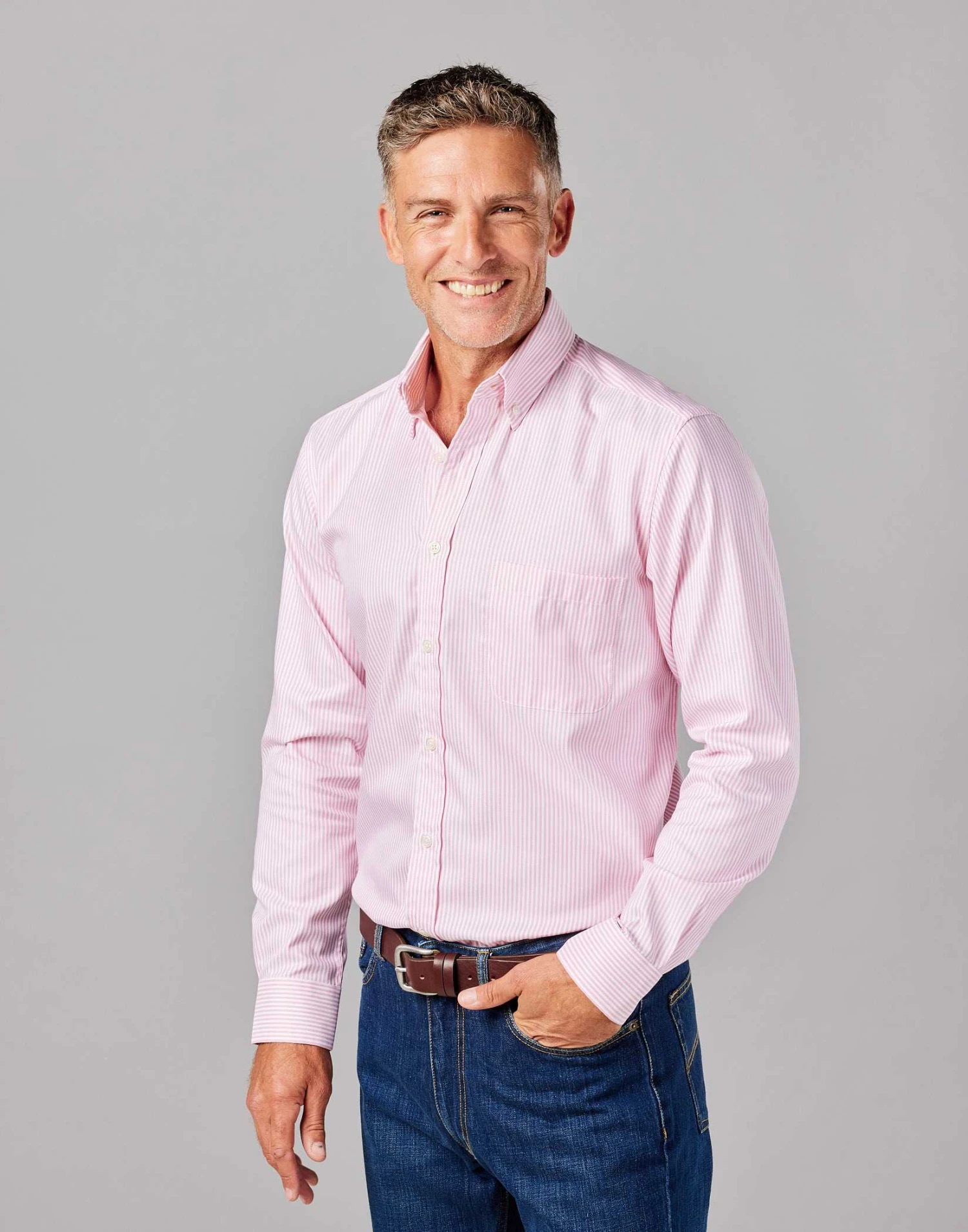 Button Down Oxford Shirt - Pink Stripe 3 Button Down Oxford Shirt - Pink Stripe