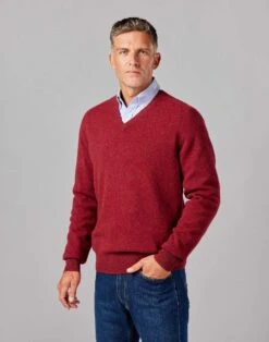 Lambswool V Neck Jumper - Red -Joseph Turner Shop Mens Red Lambswool V Neck Jumper MKLWVNRDE 1